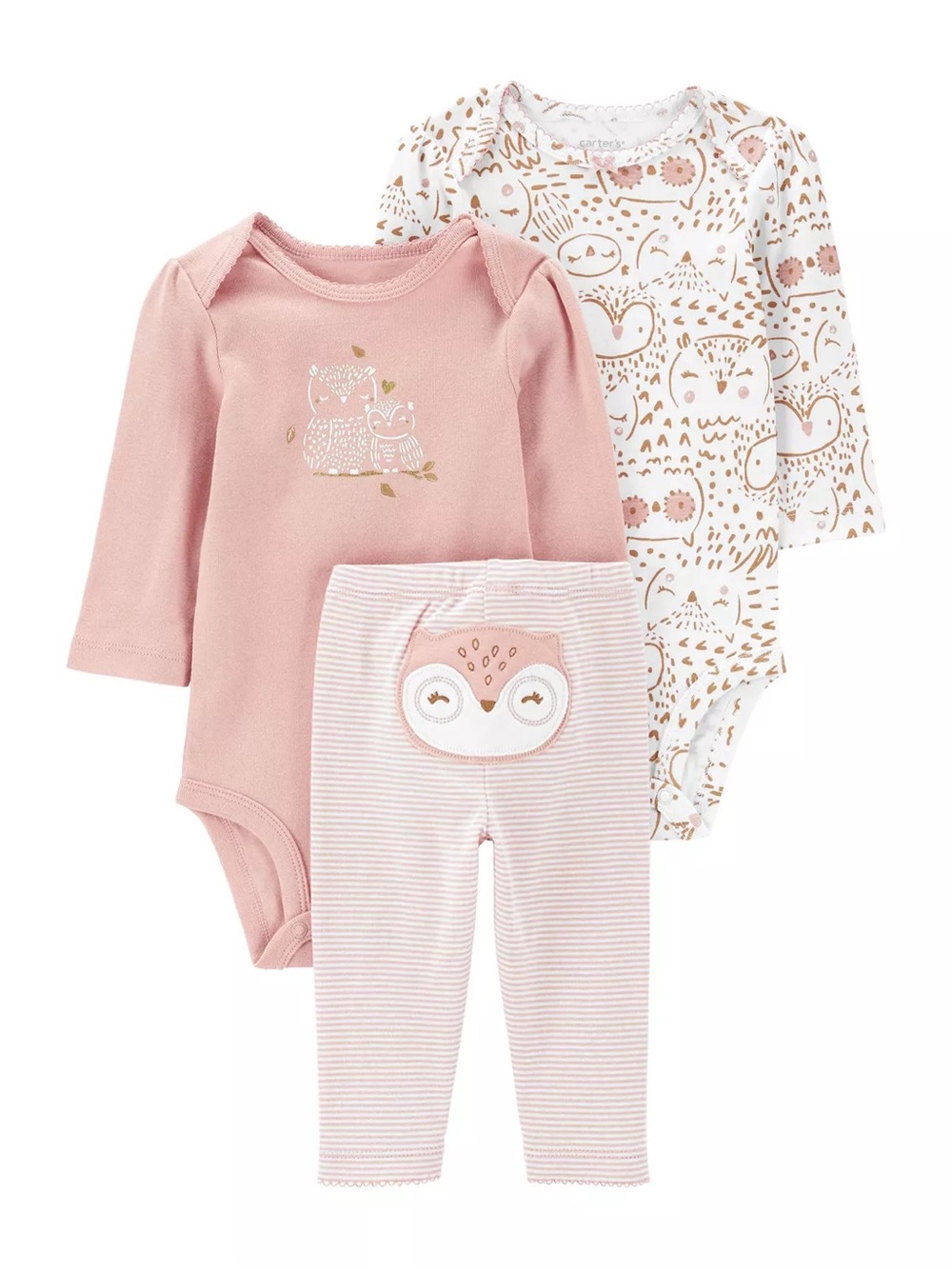 Carter's Pink and White Owl 3-Piece Bodysuit & Pants Set